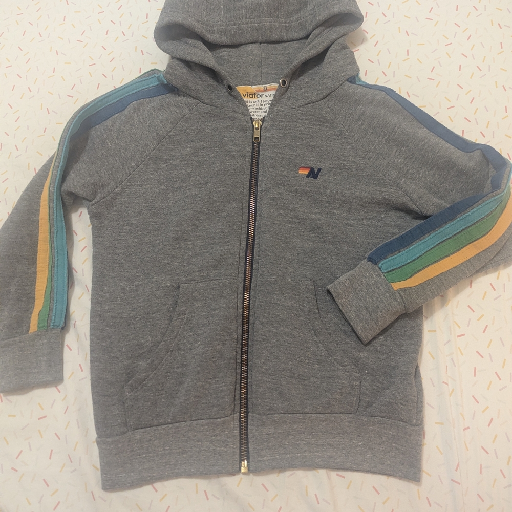 Aviator Nation Kids Gray Hoodie with Blue and Yellow Stripes